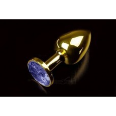 Маленькая золотистая анальная пробка с кристаллом - 7х2.5 см (синий)