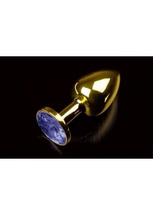 Маленькая золотистая анальная пробка с кристаллом - 7х2.5 см (синий)