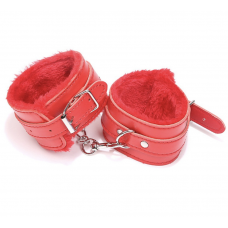 Наручники с мехом, SM Bondage, эко-кожа, красные