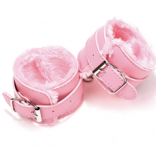 Наручники с мехом, SM Bondage, эко-кожа, розовые