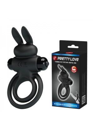 Двойное эрекционное кольцо с вибростимуляцией клитора, Pretty Love - зайчик, черное